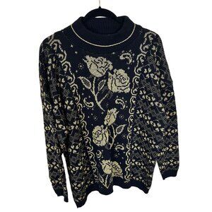 Vtg Womens Sweater Rose Print Turning Point Floral Knit Black Gold XL USA 80s